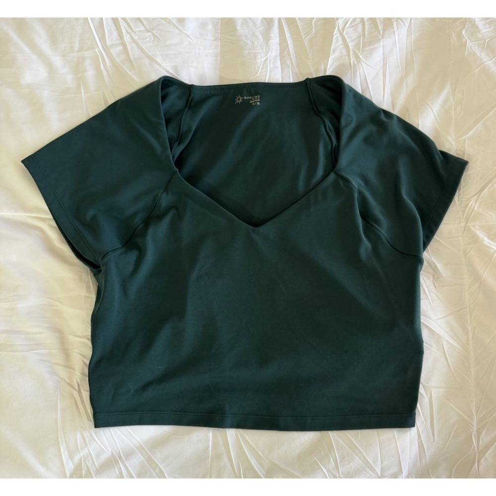 Offline by Aerie Short Sleeve Crop Green XL Top Built In Bra V- Neck EUC